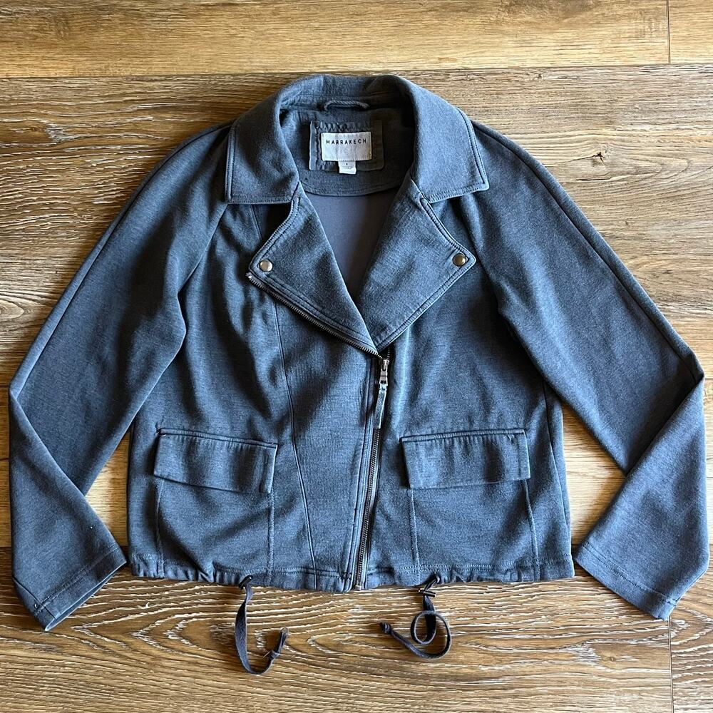 Anthropologie Marrakech Knit Blue Moto Biker Jacket Womens Sz S Cropped Grunge